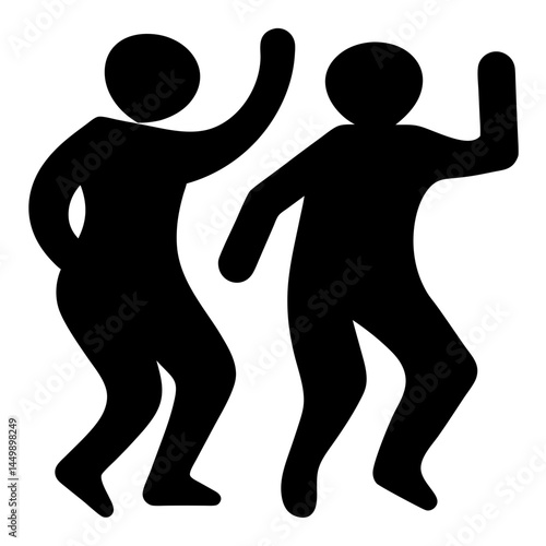 Two black silhouette figures dancing joyfully with arms raised on white background