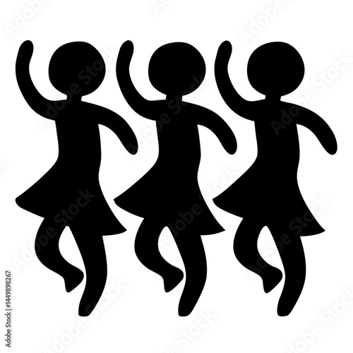 Silhouette of three women dancing in unison, stylized black graphic illustration