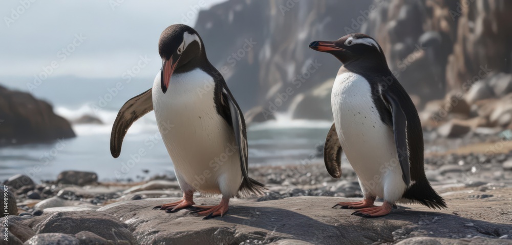 Obraz premium Humboldt penguin preening feathers on rocky shore, spheniscus humboldti, waddle