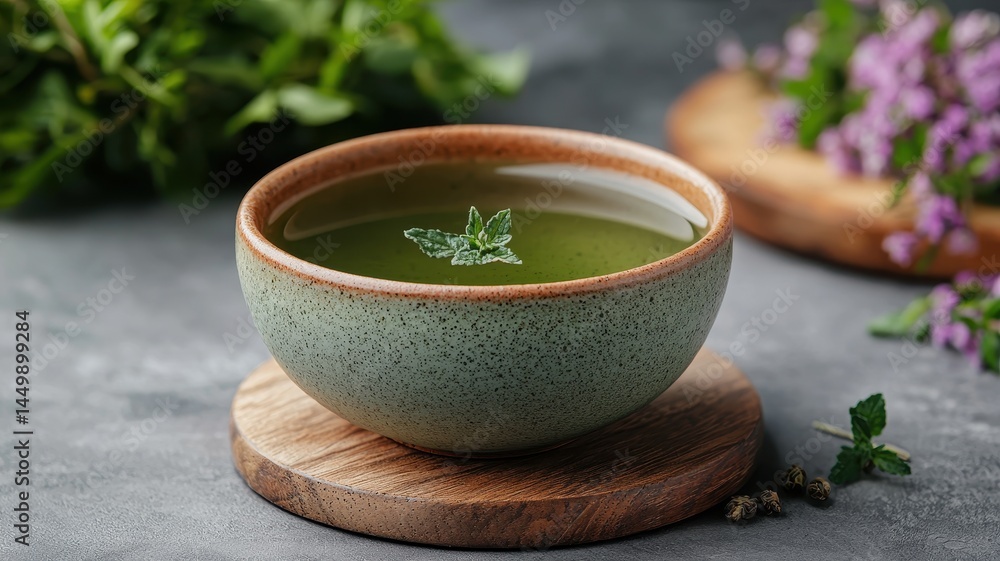 National relaxation day with wellness and spa idea. A bowl of green tea with herbs and flowers in the background. National relaxation day with wellness and spa idea. A bowl of green tea with herbs and flowers in the background.