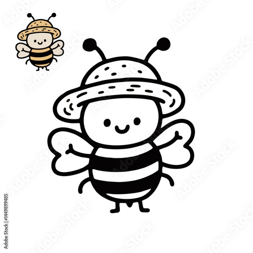 Whimsical Bee Illustration: An adorable, hand-drawn bee character, donning a stylish hat, embodies joy and springtime, capturing the essence of innocence and lightheartedness.