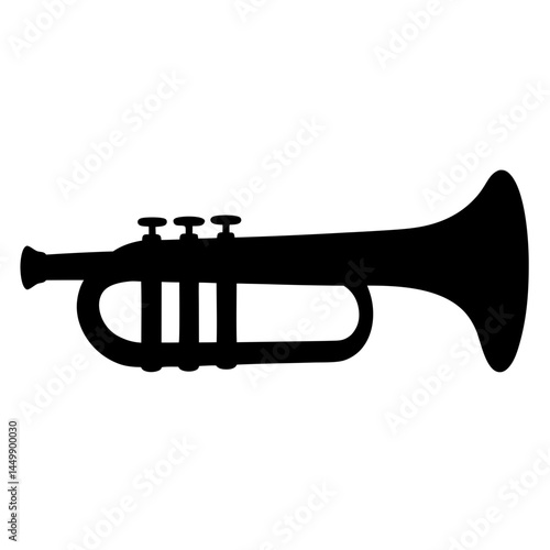 Silhouette of a black trumpet with valves on a white background