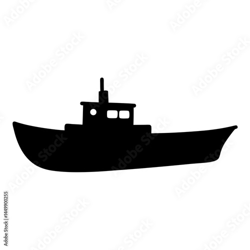 Simple black silhouette of a fishing boat, isolated on a white background