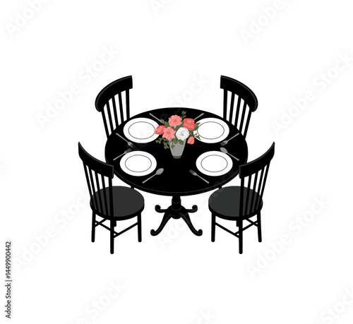 Round dining table with four chairs vector illustration isolated on white.