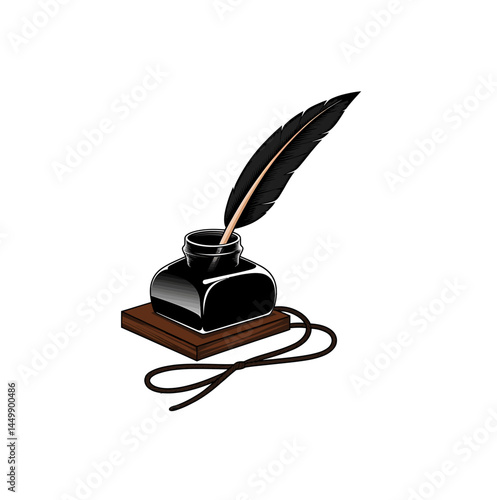Quill and inkwell with paper rope vector illustration isolated on white. Quill pen, feather pen.