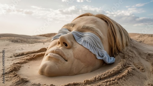Surreal visage buried in sand, conveying themes of oblivion and revelation