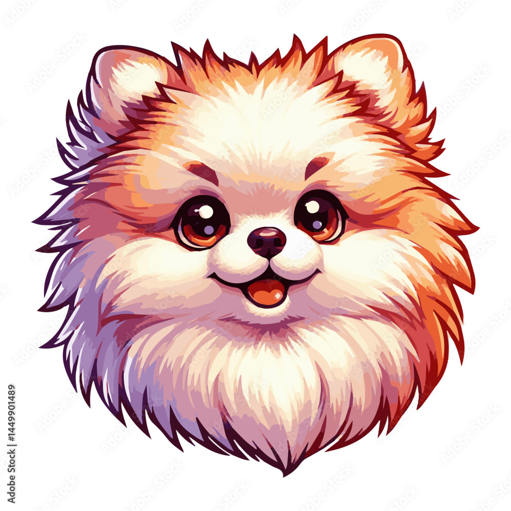 Fototapeta premium A postcard with a cartoon smiling pomeranian with big eyes and fluffy cheeks on a white isolated background. Vector graphics. EPS.