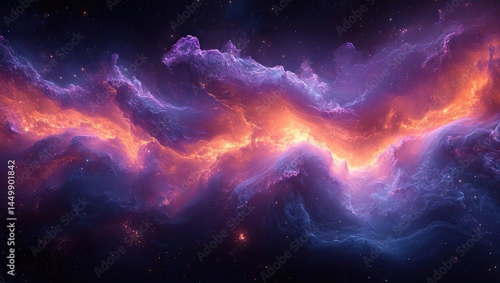 Fototapeta premium Cosmic Nebula, fiery orange and purple clouds, space background, digital art, science fiction