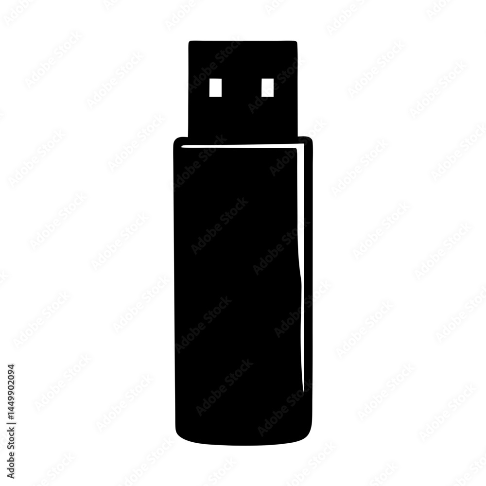 Black and white graphic illustration of a USB flash drive device Black and white graphic illustration of a USB flash drive device