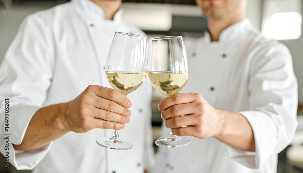 Two Chefs Toasting with Glasses of White Wine in a Kitchen A Culinary Celebration Two Chefs Toasting with Glasses of White Wine in a Kitchen A Culinary Celebration