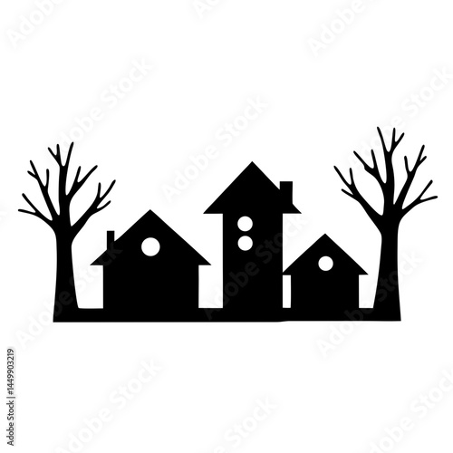 Stylized black silhouette village scene with houses and bare trees in winter