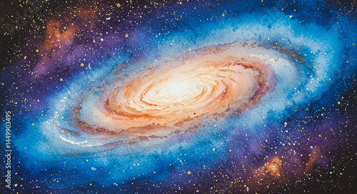Watercolor Galaxy Painting with Swirling Arms and Starry Field Creation
