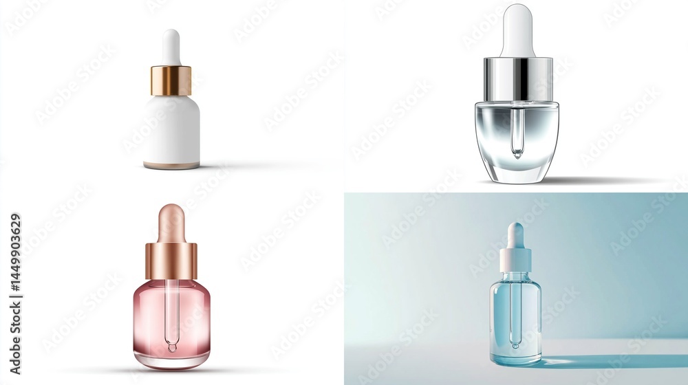 Four cosmetic dropper bottles in various colors and materials Four cosmetic dropper bottles in various colors and materials