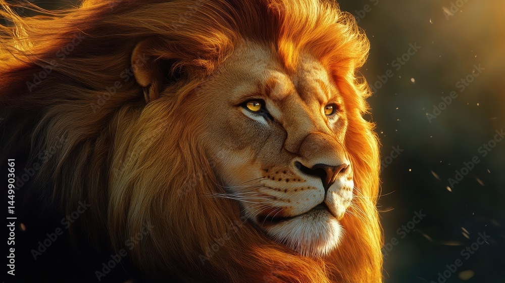 Naklejka premium majestic lion portrait golden hour lighting