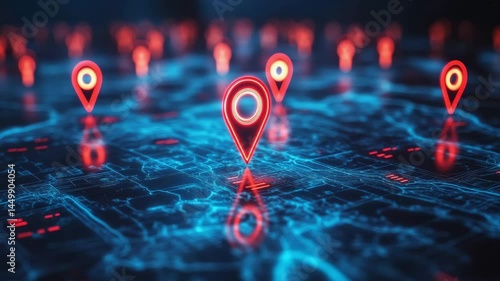 Digital Map with Location Markers, Advanced GPS Navigation, Futuristic Global Positioning Technology, Virtual Geographic Data. Digital technology footage