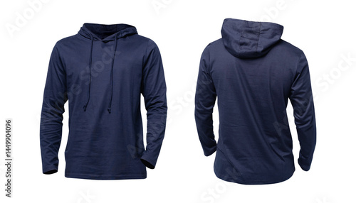 men's navy long sleeve hooded t-shirt or hoodie in ghost style model isolated on transparent background front and back view