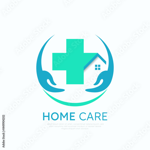 Modern home care logo with medical cross, house, and protective hands, symbolizing healthcare service at home with safety and care