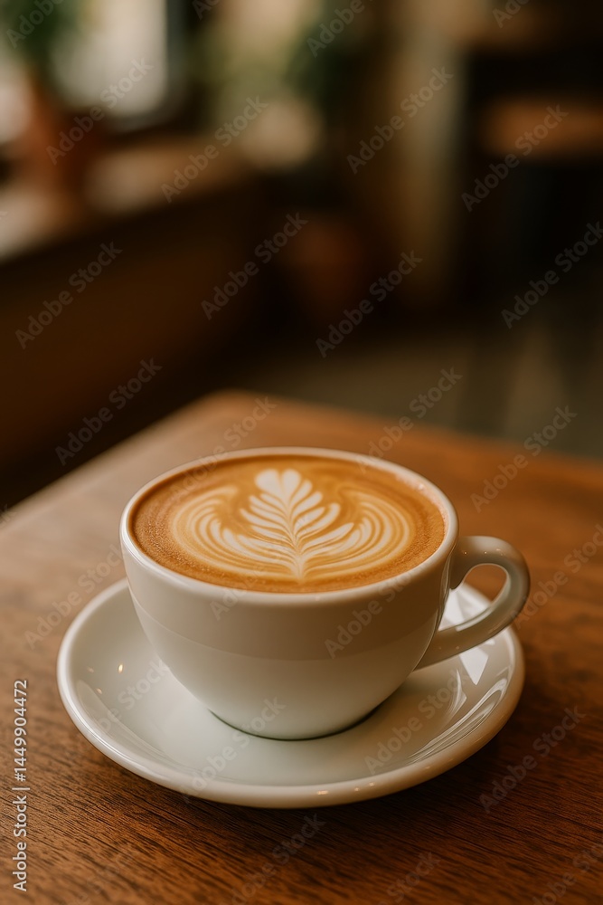 Close-up of a cappuccino with heart-shaped latte art in a white cup on a wooden table in a cozy cafe.
Close-up of a cappuccino with heart-shaped latte art in a white cup on a wooden table in a cozy cafe.