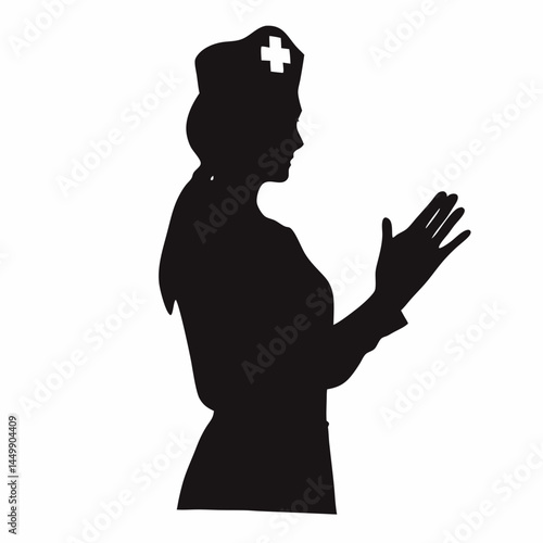 Silhouette of a female nurse puts on surgical gloves. Concept of hospitalized, healthcare, insurance