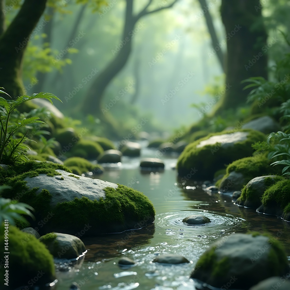 Fototapeta premium Tranquil Forest Stream with Moss-Covered Stones and Flowing Water