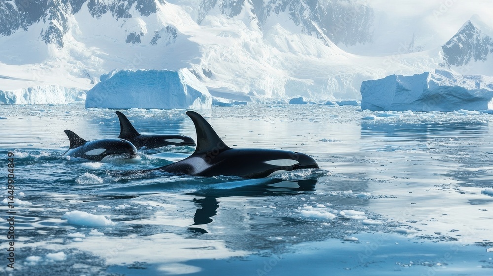 Fototapeta premium orcas swimming in antarctic waters