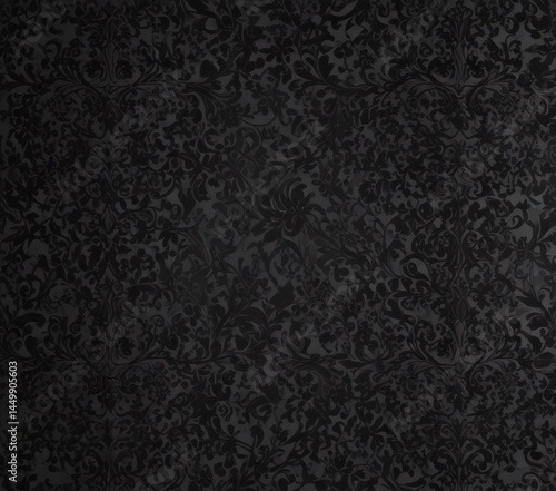 Seamless gothic damask; swirling black vines & floral patterns, covering, black, illustration