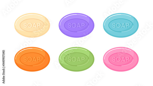 Soap bar pieces for bath, shower and spa. Luxury body and hand solid organic soap with tea, lotus, herbs, olive, watermelon, mineral and pine, vector cartoon set isolated on white background