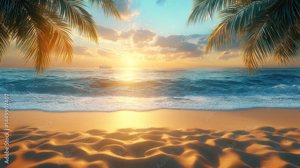 Obraz premium Sunset beach with palm fronds framing ocean view