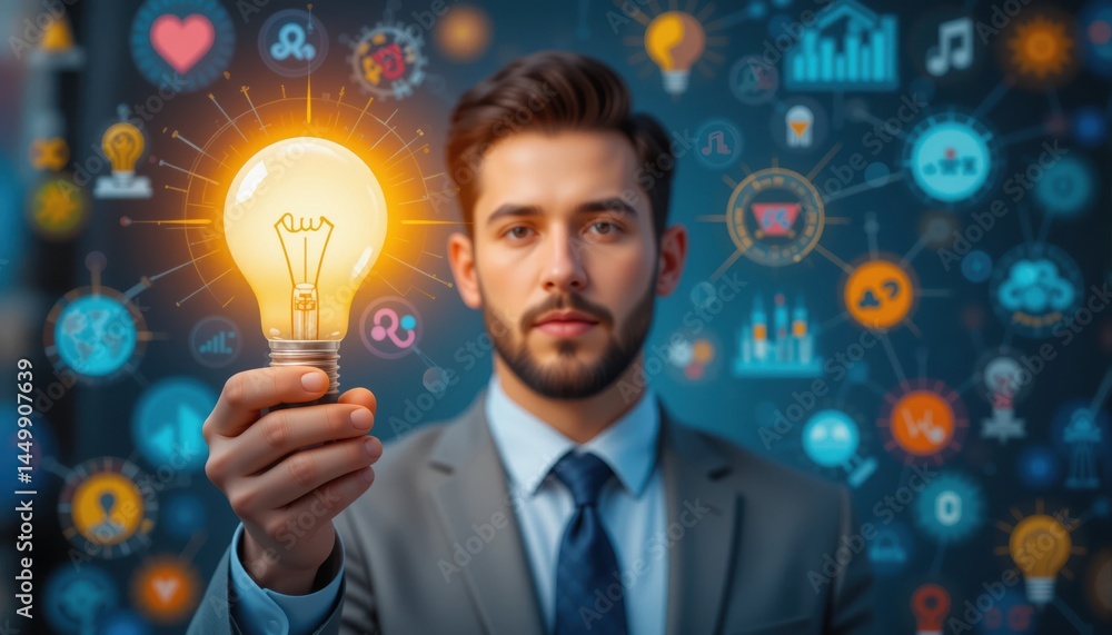 Professional man in business suit holding glowing light bulb with digital icons representing innovation technology ideas and creativity in futuristic background Professional man in business suit holding glowing light bulb with digital icons representing innovation technology ideas and creativity in futuristic background