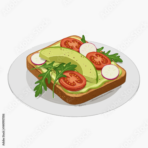 A illustration of a delicious avocado toast, topped with tomatoes, radishes, and arugula, on a plate.