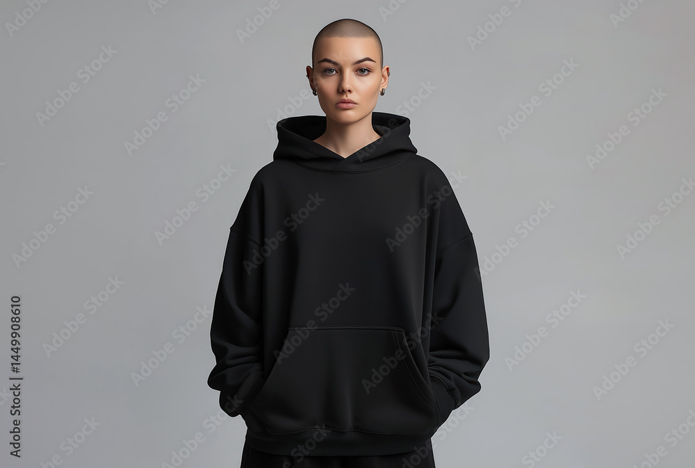 Fototapeta premium Sweat shirt hoodie mockup. Person standing, wearing hoodie. Blouse empty area for design. Fashion mockup, casual outfit, sweat shirt hoodie. Sweat shirt clear space for print design, mock up