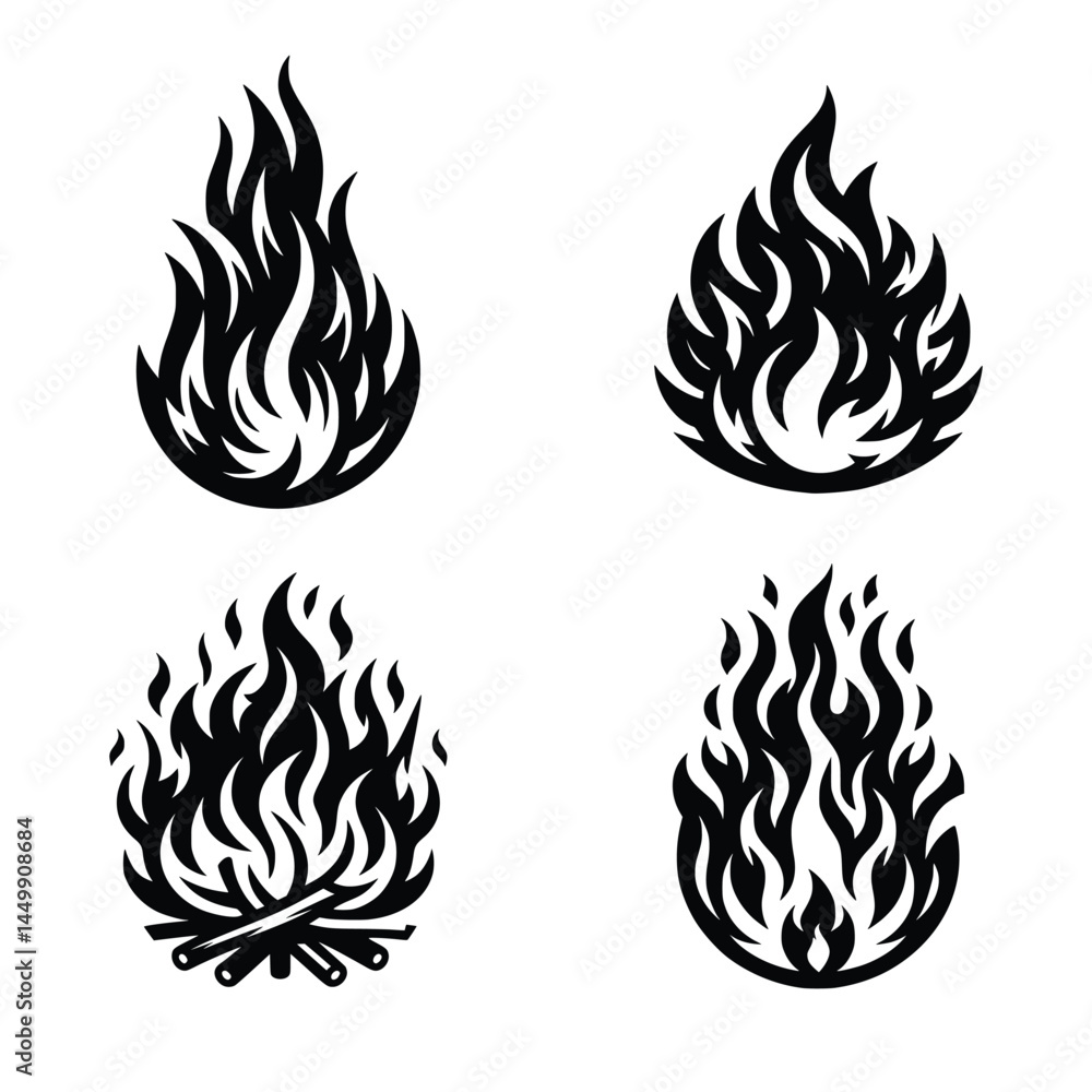 Set of four black flame icons in different styles Set of four black flame icons in different styles