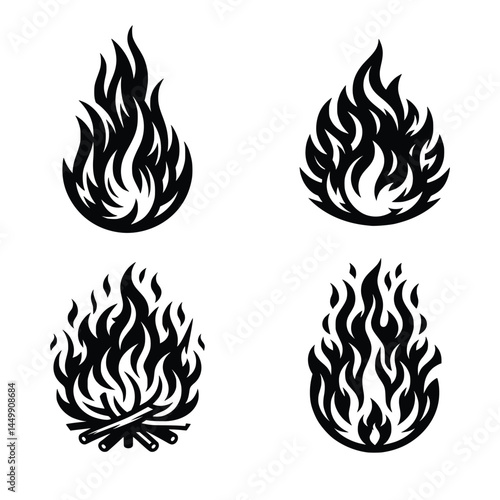 Set of four black flame icons in different styles