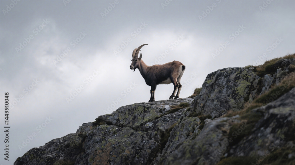 Majestic mountain goat standing alone on rugged cliff in natural habitat with cloudy sky background Majestic mountain goat standing alone on rugged cliff in natural habitat with cloudy sky background