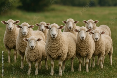Flock grazing green meadow peacefully.