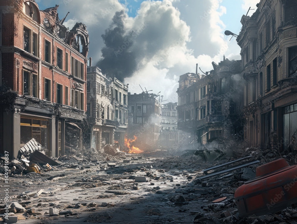 Destroyed city street war zone