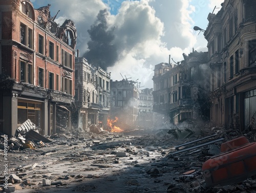 Obraz na płótnie Destroyed city street war zone w salonie