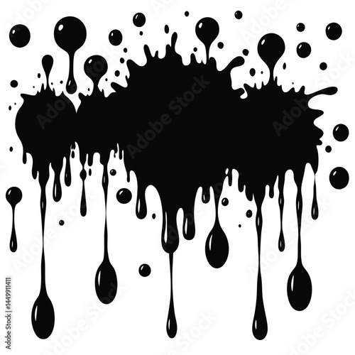 Black dripping ink. Isolated spots of paint, floating oil blots vector set. Blob paint, ink splatter black, stain and drip illustration
