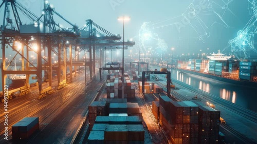 Busy container port at night with large cranes and ships. Digital overlay shows data flow.