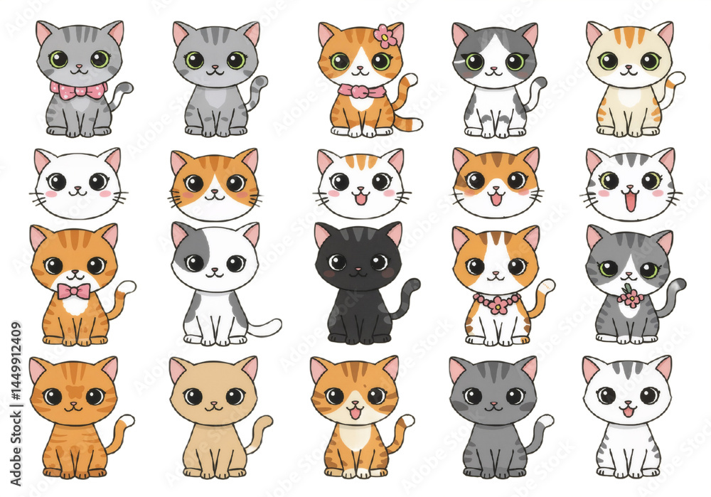 Fototapeta premium Cute cartoon cats collection. Adorable feline characters in various poses and colors