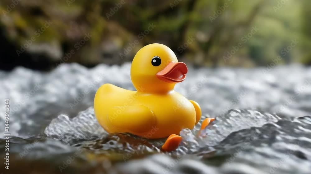 Rubber Duck in the Stream: A cheerful, classic rubber ducky floats amidst a lively stream, captured with an artistic, eye-level perspective that emphasizes the playful, bright, joyful scene. Rubber Duck in the Stream: A cheerful, classic rubber ducky floats amidst a lively stream, captured with an artistic, eye-level perspective that emphasizes the playful, bright, joyful scene.