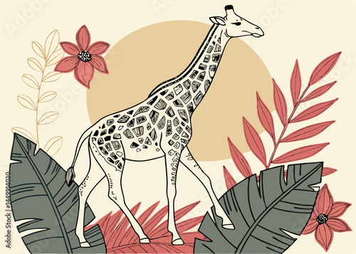 Vector Giraffe Sketch Surrounded by Jungle Leaves