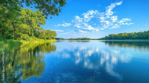 Lake with blue sky reflection and lush green surroundings