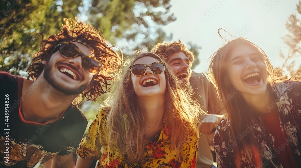 Obraz premium A group of young people are running and laughing together in the sun. Scene is joyful and carefree