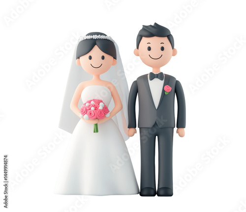 Charming wedding couple figures with bouquet and tuxedo attire on a transparent background, cut out