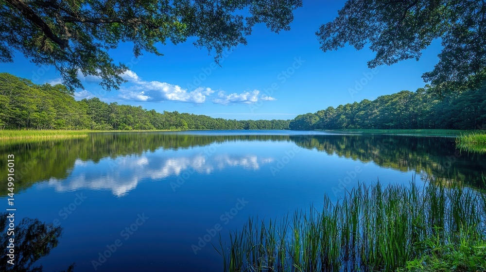 Obraz premium Lake with blue sky reflection and lush green surroundings