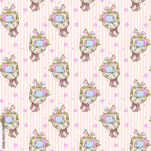 Cute Bookish Spring bouquet Books Seamless Pattern Pastel Reading Wallpaper Cartoon Doodle Illustration