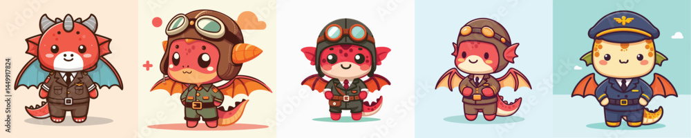 Obraz premium cute dragon vector in pilot costume