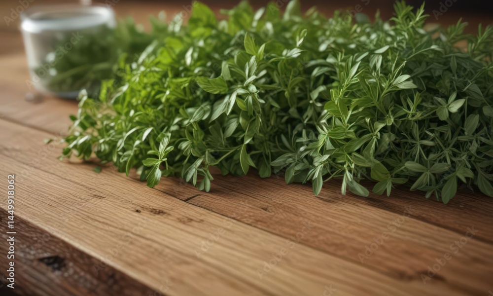 Close-up of fresh herbs and wood grain, soft lighting, brown, botanical, image Close-up of fresh herbs and wood grain, soft lighting, brown, botanical, image