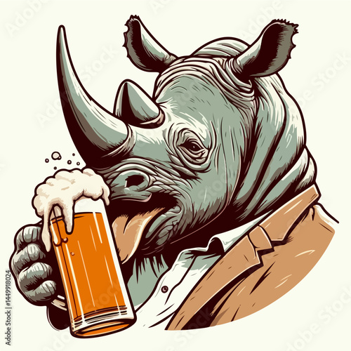 Rhino's Refreshment: A stylized illustration captures a charming rhino savoring a refreshing beverage, showcasing character and vibrant details in a unique composition.